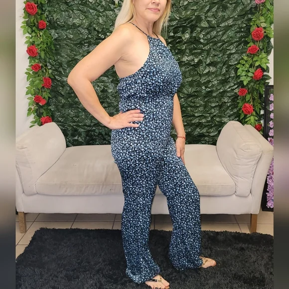 Women's jumpsuit blue floral strapless elastic zip wide legs - Picture 2 of 7